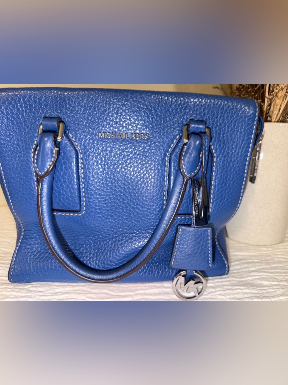 Michael Kors Cobalt Blue Pebbled Leather Satchel Silver Hardware Crossbody Tote - Picture 5 of 14